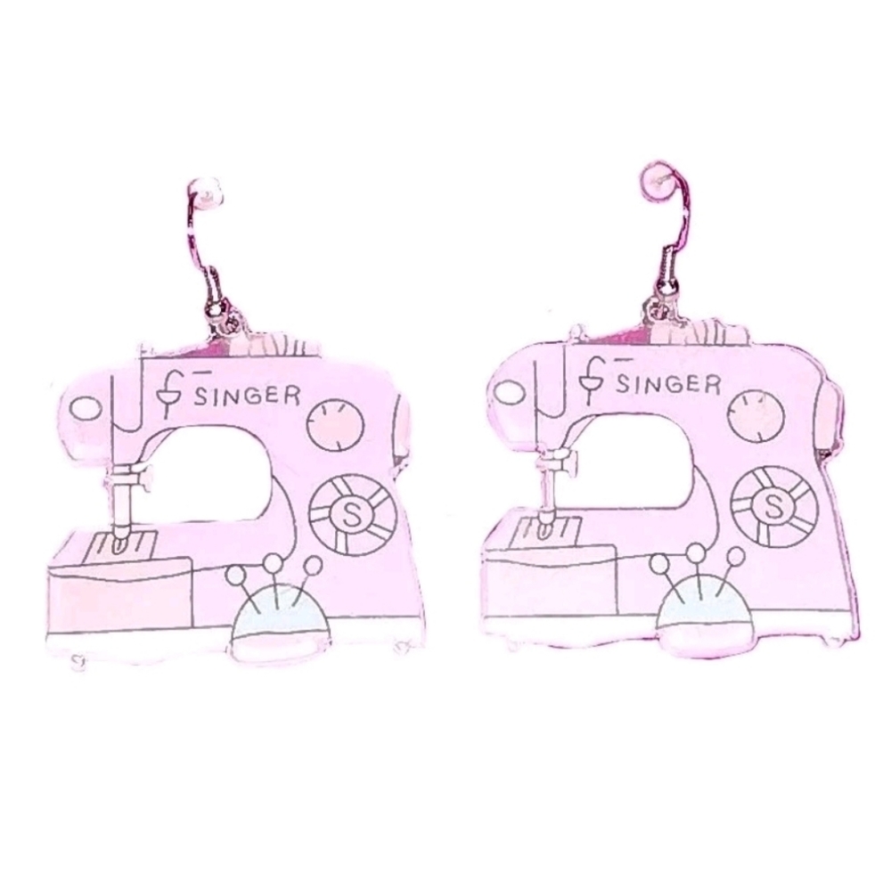 Pink Singer Sewing Machine Fashion Designer Silver Plated Dangle Drop Earrings